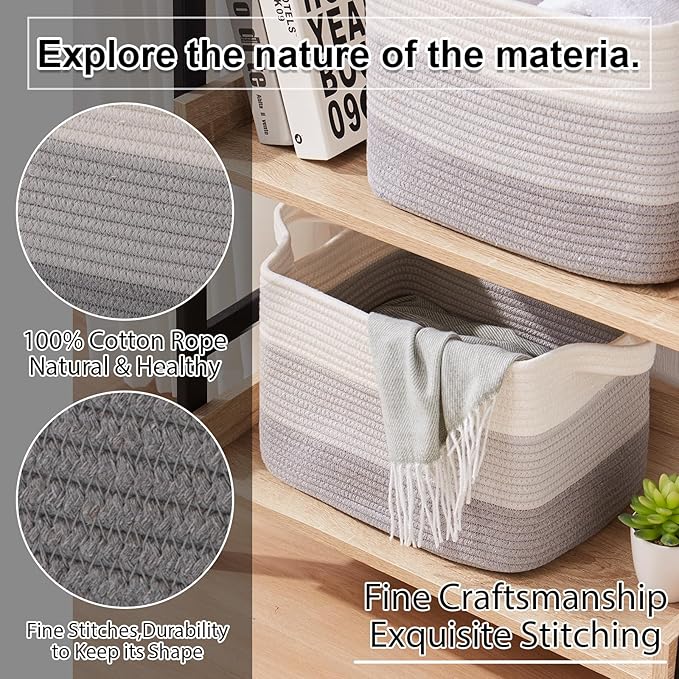 OIAHOMY Storage Basket, Woven Baskets for Storage, Cotton Rope Basket for toys,Towel Baskets for Bathroom - Pack of 3, Gradient Gray