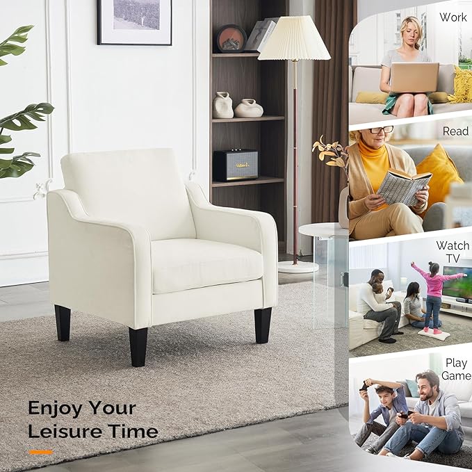 VINGLI Mid Century Modern Accent Chairs for Living Room, Cream White Comfy Reading Chair Soft Chenille Sofa Chairs Upholstered Side Armchair for Living Room, Bedroom, Apartment