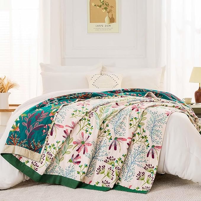Boho Throw Blanket for Bed, 100% Cotton Soft Rustic Quilt Fall Blanket, 60"x80" Floral Printed Farmhouse Decor Bed Blankets, All Season Rustic Reversible Bohemian Throw Quilt