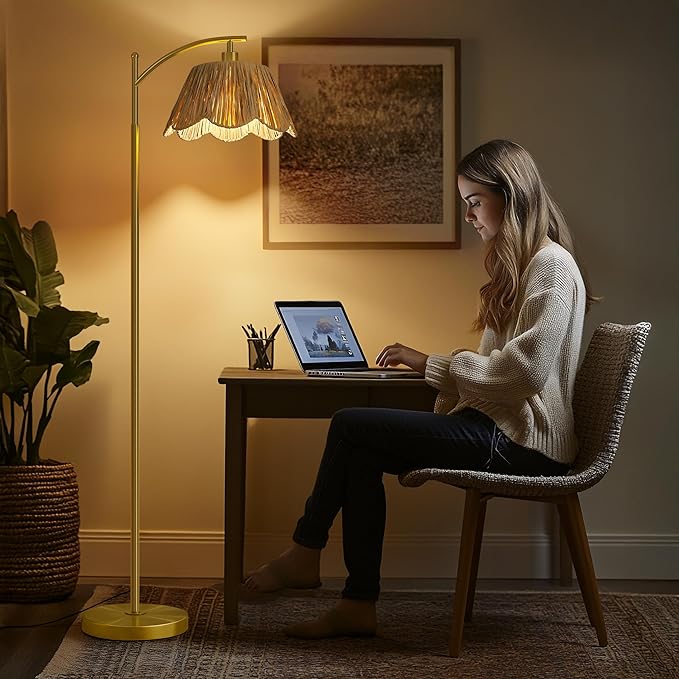 Oneach Arc Floor Lamp for Living Room,Rattan Boho Floor Lamp with Hand-Woven Wicker Shade, Foot Switch,Gold Metal Base & Pole,Farmhouse Standing Lamp for Bedroom Corner,Reading