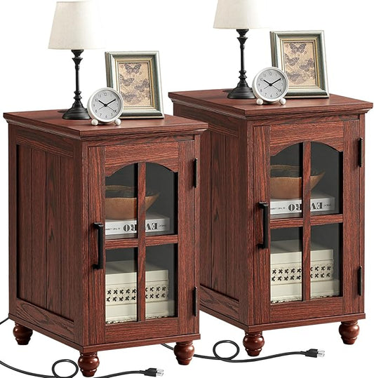 Narrow Side Table Set of 2,Farmhouse Nightstand with Charging Station,End Table with Glass Barn Door Storage, Cabinet Organizer with Adjustable Shelf, Night Stand for Small Spaces Living Room Bedroom