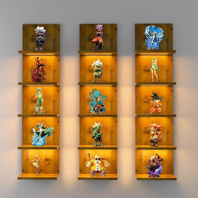 5 Tier Wall Shelf Unit, Modern Vertical Lack Wall Shelves with Light, Wall Mount, Floating Column Home Decor Shelves for Bedroom, Living Room, Vanity Storage Display(Dark Brown)