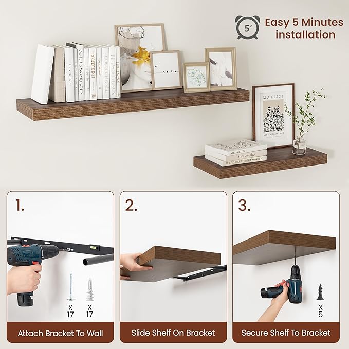 Wide Floating Shelves for Wall 12 Inch Deep, 48" X 12" X 2" Floating Shelf, 2 Inch Thick Shelf for Bathroom Bedroom Kitchen Book Room, Heavy Duty 75lbs Shelves for Farmhouse Decor Set of 2, Walnut