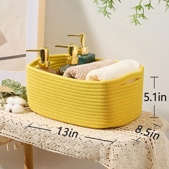 Small Storage Baskets for Organizing | Closet Organizer Bins | Shelf Toy Basket | Woven Rope Baskets | Cube Decorative Box | Shallow Basket | 13x8.5x5.1” | 4 Packs Yellow