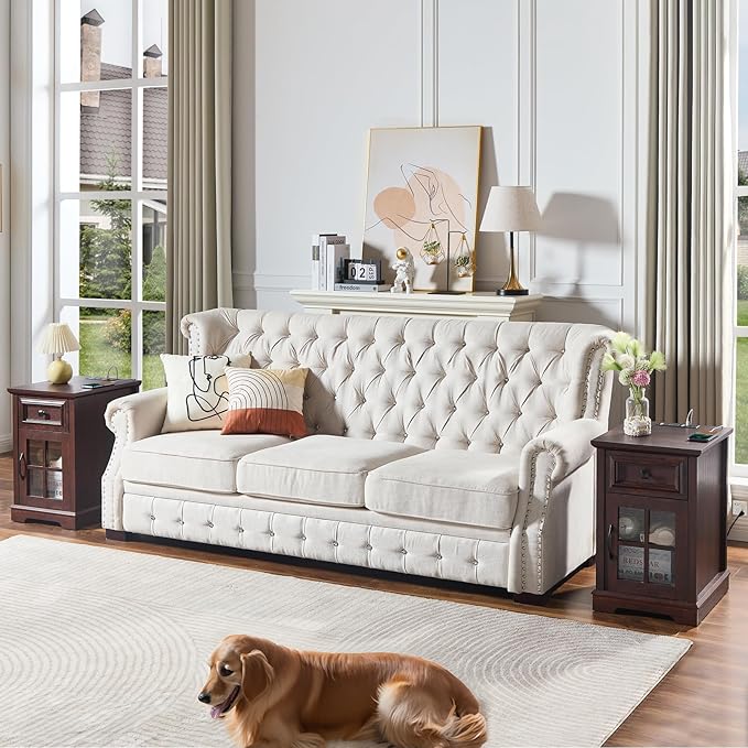 Farmhouse XXL End Table with Charging Station, Side Table with USB Ports and Outlets, Nightstand with Drawer and Glass Door Storage, Cherry Bedside Tables for Living Room, Bedroom, Office