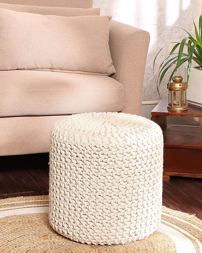 REDEARTH Cylindrical Hand Knitted Pouf - Foot Stool Ottoman - Cord Boho Pouffe - Cotton Round Poof for Home Decor - Living Room - Nursery - Bedroom - Patio (16" x 16" x 16") - Ivory