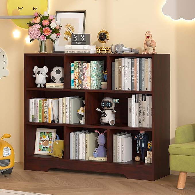 Book Shelf, 8 Cubes Storage Organizer, 3-Tier Open Shelf Wooden Bookcase, Freestanding Cherry Bookshelf Cube Shelf for Bedroom, Living Room, Home Office