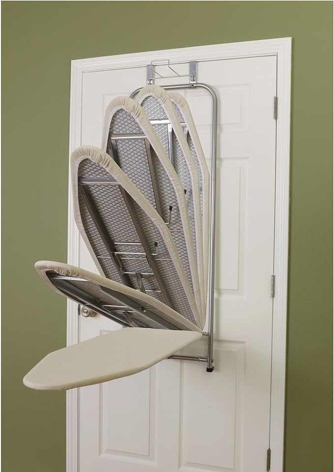 Household Essentials 144222 Over The Door Small Ironing Board with Iron Holder, Natural Cotton Cover Silver