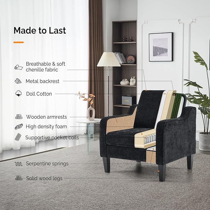 VINGLI Living Room Chairs Set of 2, Black Accent Chair 5.5" Thick Seat Cushion Comfy Chair Soft Chenille Side Chair Upholstered Arm Chair for Bedroom, Play Room, Apartment, Office (Black)