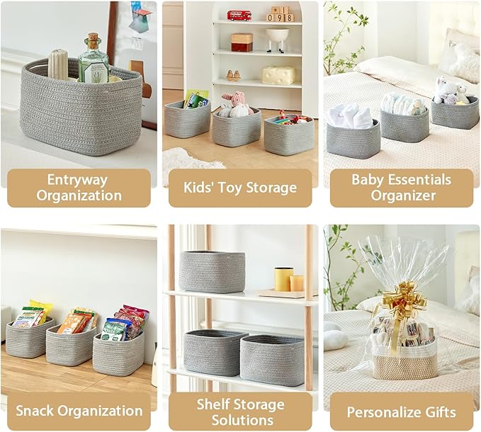 Small Baskets Set of 3-11"x7"x7" Perfect Toy Baskets for Storage, Ideal Storage Basket for Cube, Towels, and More - Basket for Shelves (Grey)