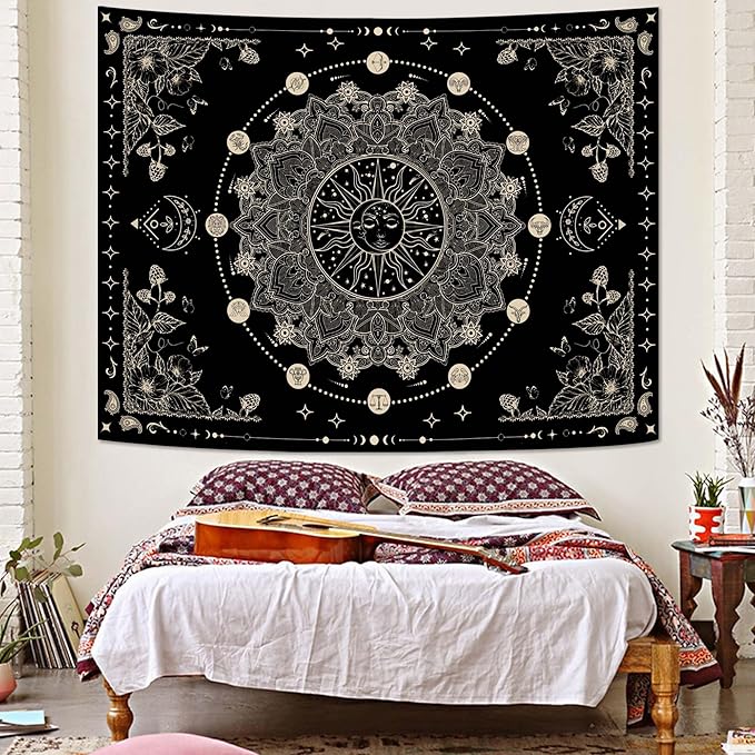 Lunerfex Sun and Moon Mandala Tapestry Boho Tapestry for Bedroom Black and White Tapestries Wall Hanging Living Room Wall Art and Home Decor 60x80