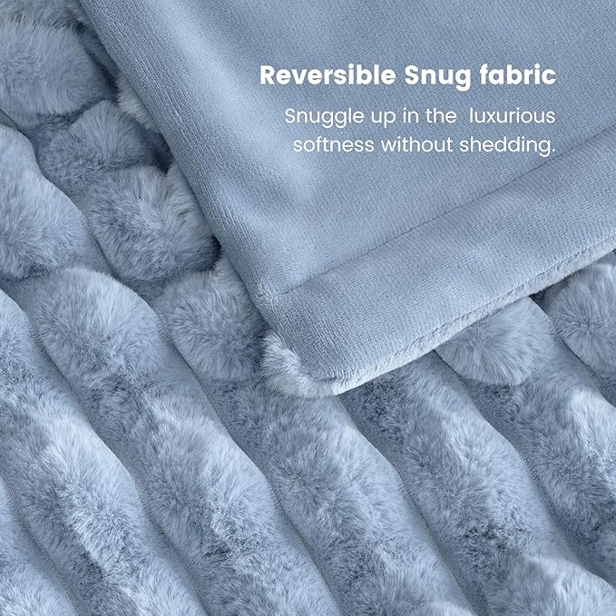 Cozy Bliss Faux Fur Throw Blanket for Couch, Cozy Warm Plush Striped Blanket for Sofa Bedroom Living Room,50 * 60 Inches Light Blue