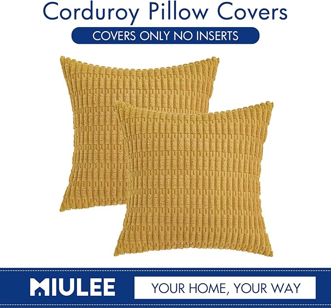 MIULEE Pack of 2 Corduroy Decorative Throw Pillow Covers 16x16 Inch Soft Boho Striped Pillow Covers Modern Farmhouse Home Decor for Summer Sofa Living Room Couch Bed Yellow