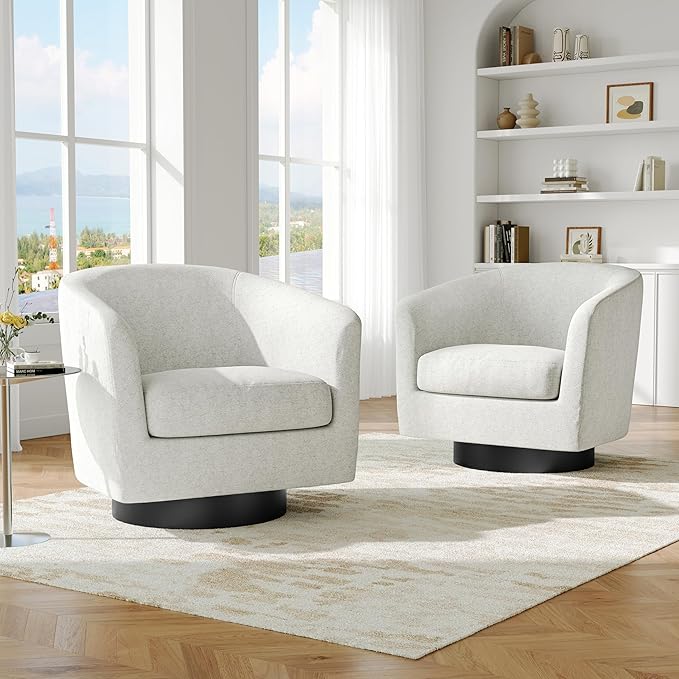 Swivel Barrel Accent Chair, Modern Round Chenille Fabric Arm Chair for Living Room, Bedroom, Comfy Club Reading Chairs for Adults(Chenille Fabric, Beige, Set of 2