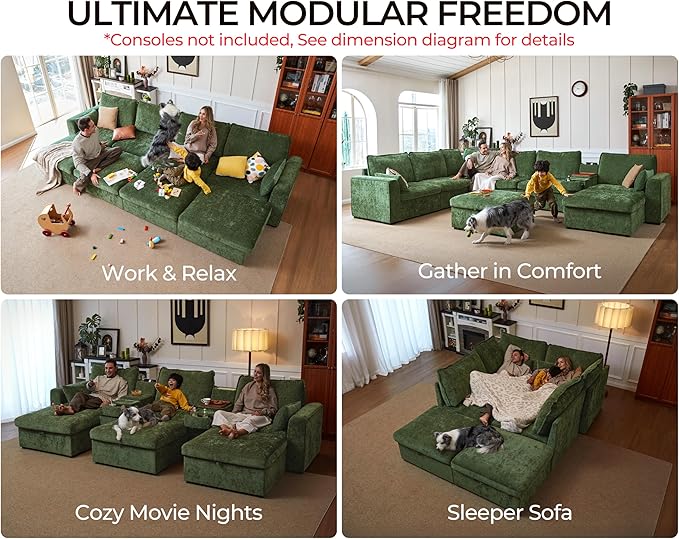 Oversized Modular Sofa Comfy Cloud Couch with Storage, Extra Deep Plush Sectional Sofa Set for Living Room, Covers Washable, Chenille, Olar (Green, 8-Seater with Corner & 2 Ottomans, u-Shaped)