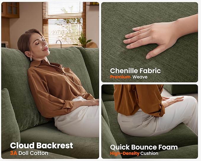 Oversized Modular Sofa, Extra Deep Cloud Corduroy Sectional Couch with Ottoman Chaise, Fluffy Chenille L-Shaped Sofas for Living Room, Villa (Loveseat+Ottoman, Chenille Green)