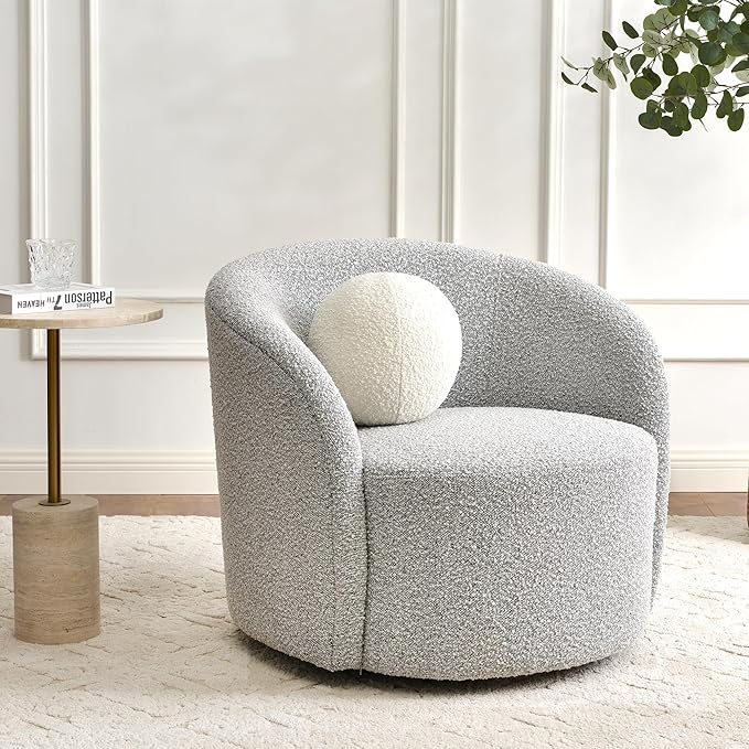 KINWELL Sherpa Swivel Barrel Chair & Round Ball Pillow Set - 34" Wide Modern Boucle Accent Chair with 9” Matching Nordic Decorative Throw Pillow for Living Room and Bedroom(Black White)