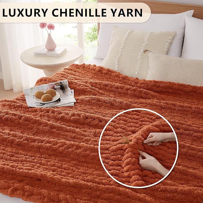 L'AGRATY Chunky Knit Blanket Throw: 72''x84'' Chenille Chunky Knitted Throw Blankets for Bed Couch - Handmade Thick Big Cable Knit Blanket - Large Crochet Rope Blankets for Home Decor(Rusty Orange)