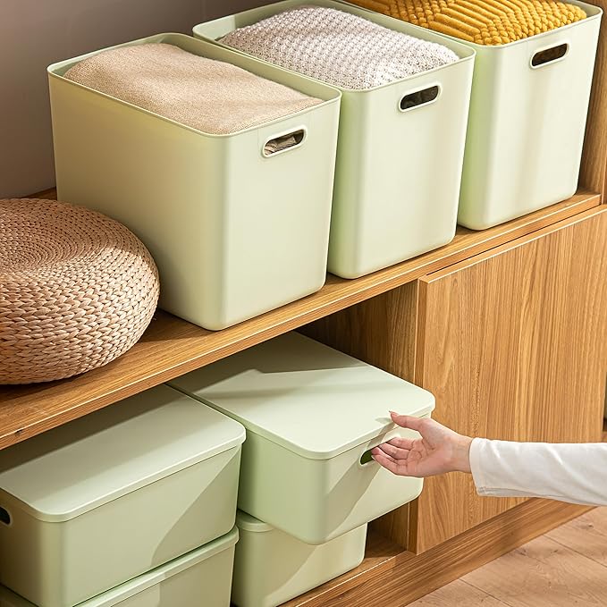 4 pack large plastic White storage bins Baskets, Toy Box Chest with Lids and Handle,Organizer Containers for Baby,Kids,snacks,Nursery,Shelves,Playroom, Bedroom,Office,Closet,home