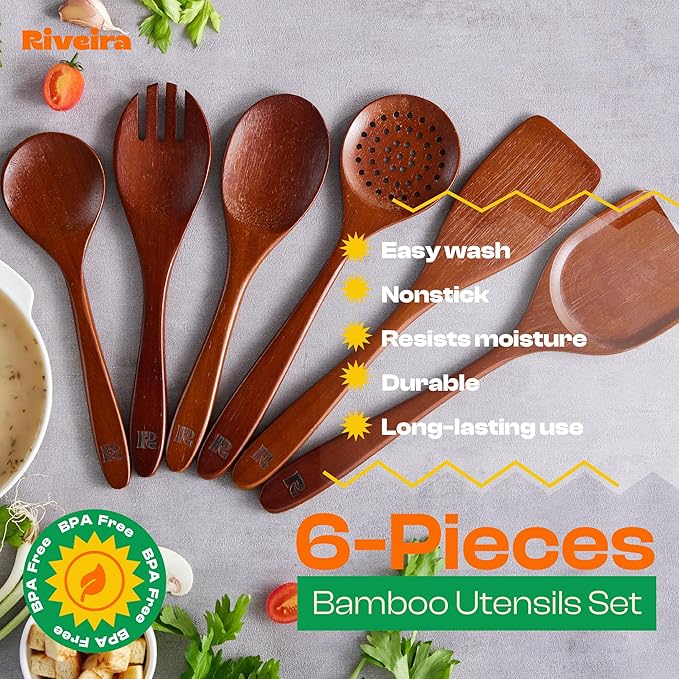 Riveira Set of 6 Premium Brown Bamboo Cooking Utensils - Bamboo Utensils for Cooking - Non-Toxic Kitchen Set - Wooden Kitchen Utensils for Non-Stick Cookware