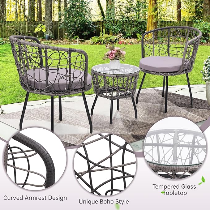Kromax 3 Piece Bistro Set, Modern Outdoor Wicker Patio Furniture with Tempered Glass Table Top and 2 Chairs, Washable Cushions, Grey Rattan and Grey Cushion