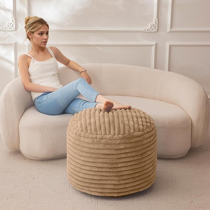 HIGOGOGO Round Stuffed Pouf Ottoman, Corduroy Poufs with High-Density Foam Filling, Furry and Fluffy Pouf Foot Stool Storage Ottoman, 20 X 15 Floor Poufs Foot Rest for Living Room, Brown