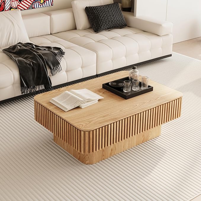 Lift Top Coffee Table with Storage, Solid Wood Coffee Table with Adjustable Height, Fluted Center Table Accent Tea Table for Living Room, Apartment, Office (38.6" Natuall)