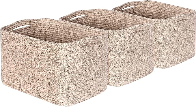 MINTWOOD Design 3-Pack Decorative Woven Storage Baskets for Shelves, Cube Bin Box for Organizing Books, Shoes, Dog Toys, Pantry Closet and Living Room Organizer, Oatmeal Brown