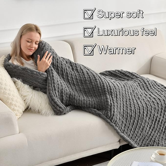 Maetoow Tighter Version Chenille Chunky Knit Blanket Throw (40×50 Inch), Handmade Warm & Cozy Blanket Couch, Bed, Home Decor, Soft Fleece Banket, Boho Thick Blankets and Giant Yarn Throws,Dark Grey