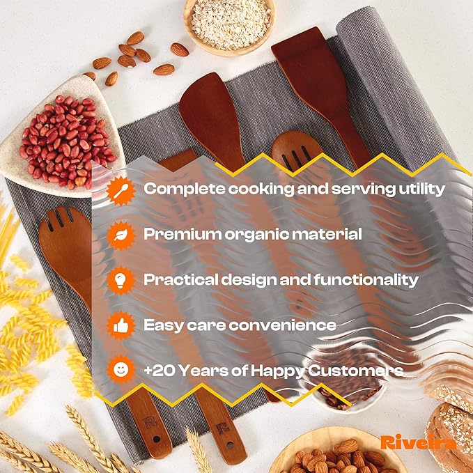 Riveira Premium Brown Bamboo Wooden Spoons for Cooking Set of 6 – Premium Brown Bamboo Wooden Cooking Utensils, Wooden Spatula, Wooden Spoon - Premium Quality Wooden Utensil Set for Non-Toxic Cooking