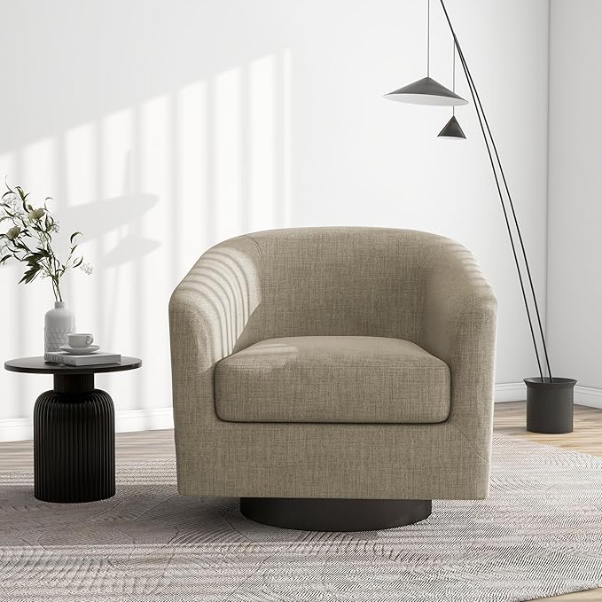 Swivel Barrel Accent Chair, Modern Round Linen Arm Chair for Living Room, Bedroom, Comfy Club Reading Chairs for Adults(Linen Fabric, Light Brown, Set of 4
