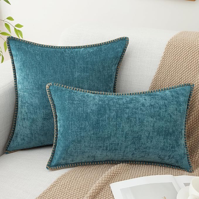 decorUhome Chenille Soft Throw Pillow Covers 16x16 Set of 2, Farmhouse Velvet Neutral Decorative Euro Pillow Covers with Stitched Edge for Couch Sofa Bed Home Decor, Teal