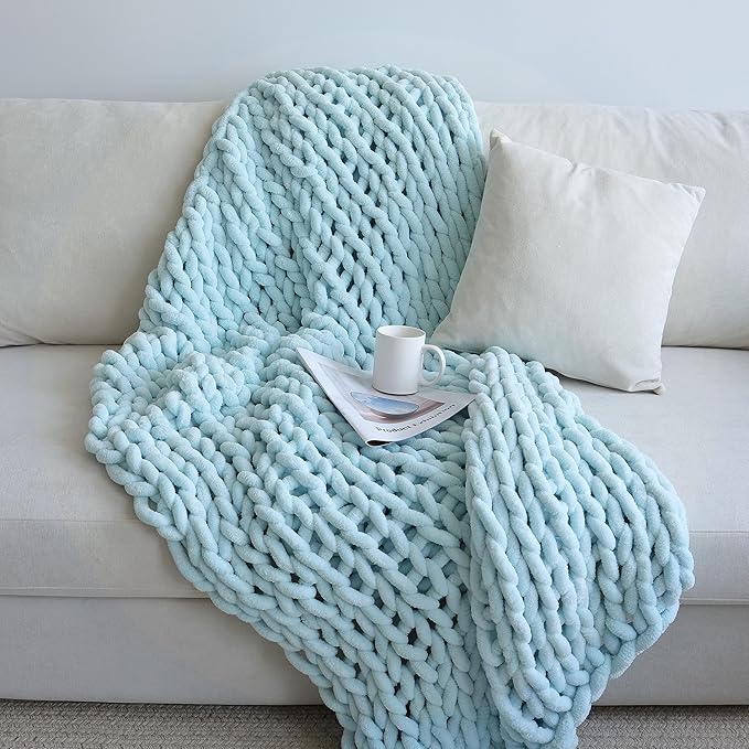 Maetoow Chenille Chunky Knit Blanket Throw (30×40 Inch), Handmade Warm & Cozy Blanket Couch, Bed, Home Decor, Soft Breathable Fleece Banket, Christmas Thick and Giant Yarn Throws, Baby Blue