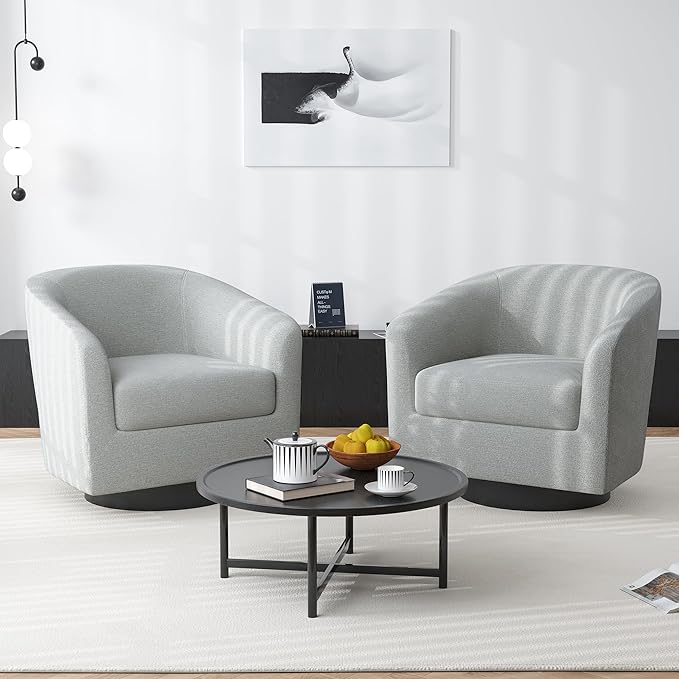 Swivel Barrel Accent Chair, Modern Round Chenille Fabric Arm Chair for Living Room, Bedroom, Comfy Club Reading Chairs for Adults(Chenille Fabric, Light Grey, Set of 4