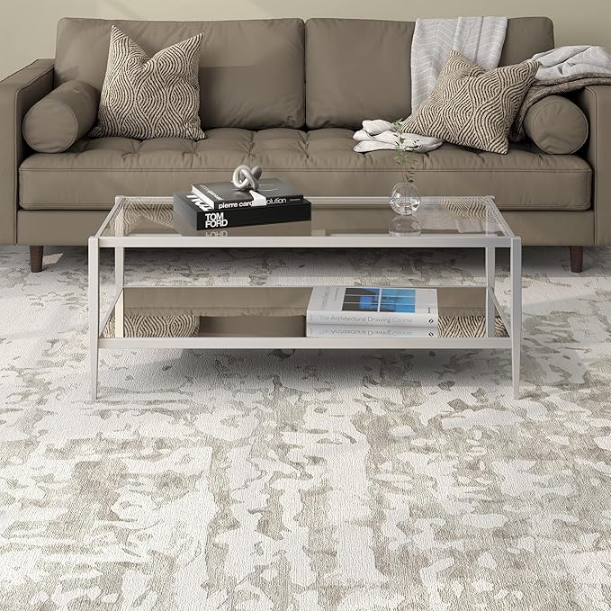 Henn&Hart 45" Wide Rectangular Coffee Table with Mirror Shelf in Satin Nickel, Coffee Table coffee tables for living room, studio apartment essentials