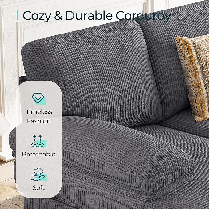 LINSY HOME Sectional Couch, 111'' W Corduroy U Shaped Sofa with Sleepable Armrests, 4 Seat Couch with Double Chaises, Deep Sofa for Living Room, Grey