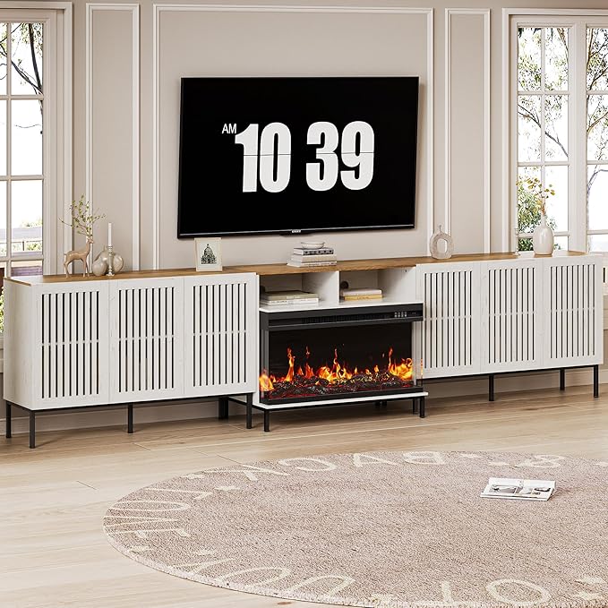 3-Sided Glass Farmhouse Fireplace TV Stand for TVs Up to 110 Inch, Entertainment Center with 36" Electric Fireplace, Antique White TV Console with Storage Cabinets for Living Room