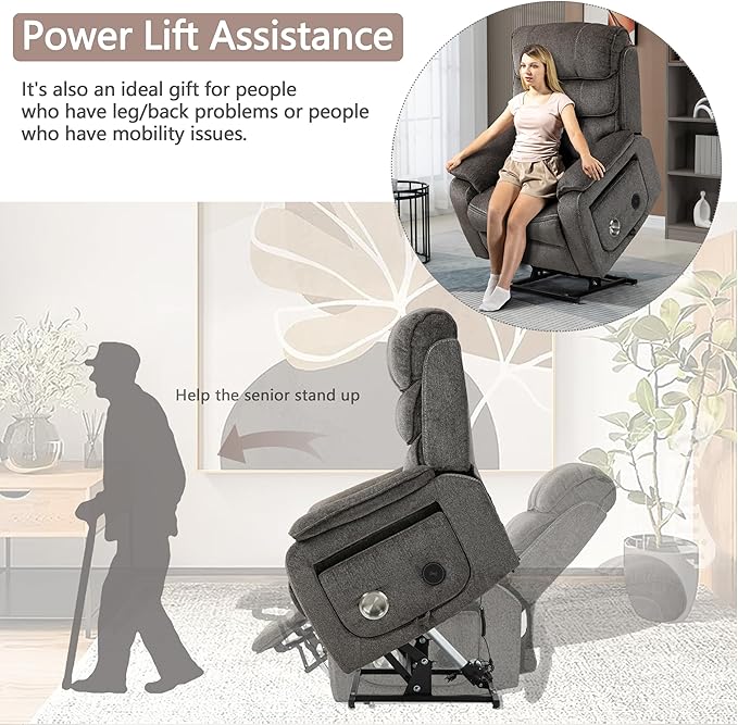 Power Lift Recliner Chair for Adults Elderly Chenille Lay Flat Recliners with Massage Heat, Extended Footrest, Wireless Charging Device, USB Ports, Cup Holder, Lumbar Pillow Up to 400LBS