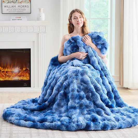 Lotus Karen Faux Fur Throw Blanket Tie-Dye Blue - Big Bubble Rabbit Fluff Blanket for Couch,Small Fluffy Fuzzy Cozy Blanket,Thick Furry Plush Shaggy Blankets,60x80 Inches