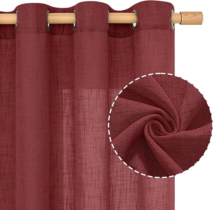 LAMIT Red Linen Curtains 40 Inches Long for Kitchen, Semi Sheer Light Filtering Panels Bronze Grommet Christmas Decor Drapes for Small Windows/Bathroom, 2 Panels Set, Burgundy Red, 34 x 40 Inch