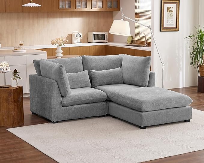 Oversized Modular Sofa, Extra Deep Cloud Chenille Sectional Couch with Ottoman Chaise, Fluffy Chenille Loveseat L Sofa for Living Room, Villa (Loveseat+Ottoman, Chenille Grey)