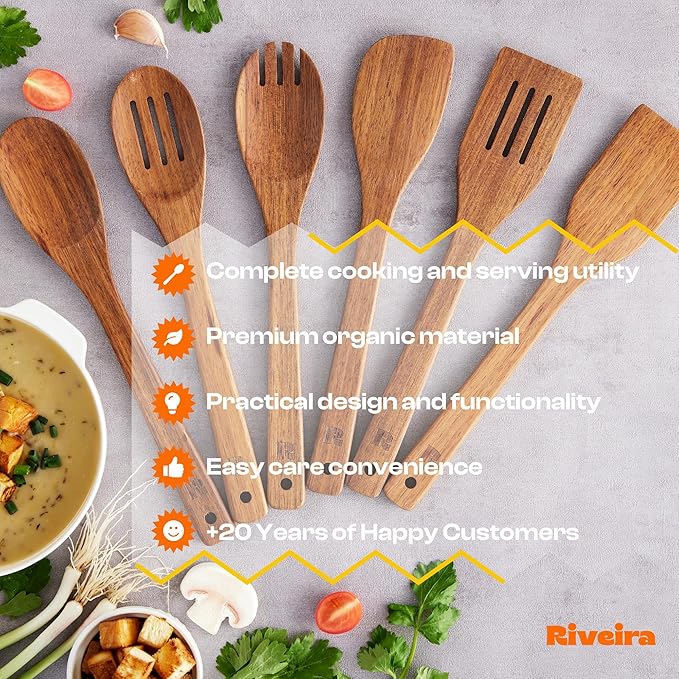 Riveira Teak Wooden Spoons for Cooking Set of 6 – Natural Teak Wooden Cooking Utensils, Wooden Spatula, Wooden Spoon - Premium Quality Wooden Utensil Set for Non-Toxic Cooking
