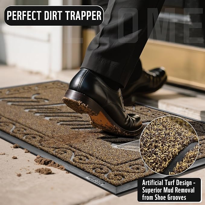 Yimobra Welcome Front Door Mat, Heavy Duty Easy Clean Doormat Indoor Outdoor, Waterproof Quick Dry Floor Mat for Home, Garage, Hign Traffic Areas, Non Slip, Low Profile, 36 x 24 Inches, Beige Brown