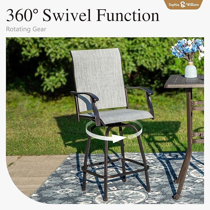 Sophia & William Outdoor Bar Set, Patio Bar Table and Chairs Set, Bar Height Patio Set - 2 x Swivel Bar Chairs(Grey), 1 x Rectangular Bar Table(Wood-Like)