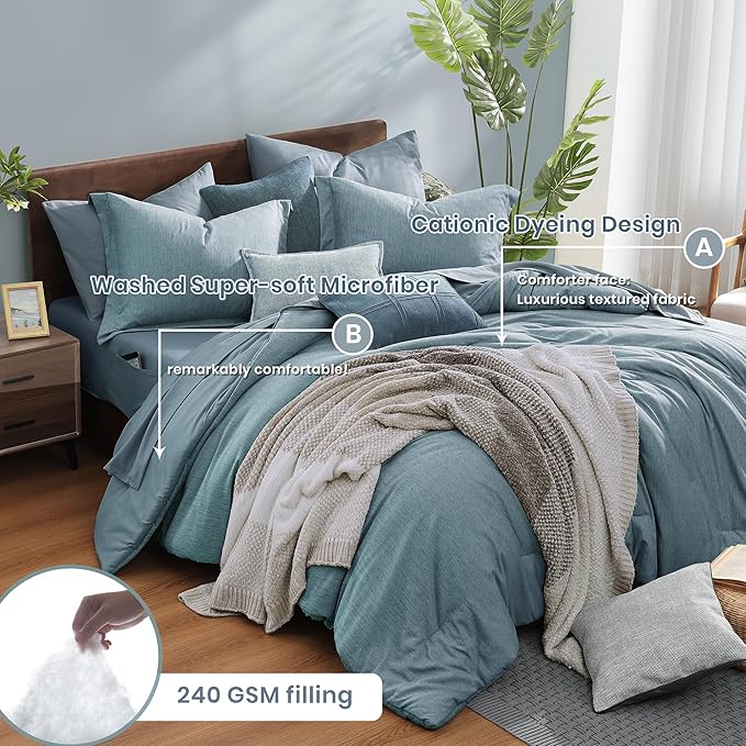 Monbix Queen Comforter Set - 7 Pieces Dusty Blue Cationic Dyeing Bed in a Bag Queen Bedding Sets with Sheets, Pillowcases & Shams, Reversible Bedding Comforters