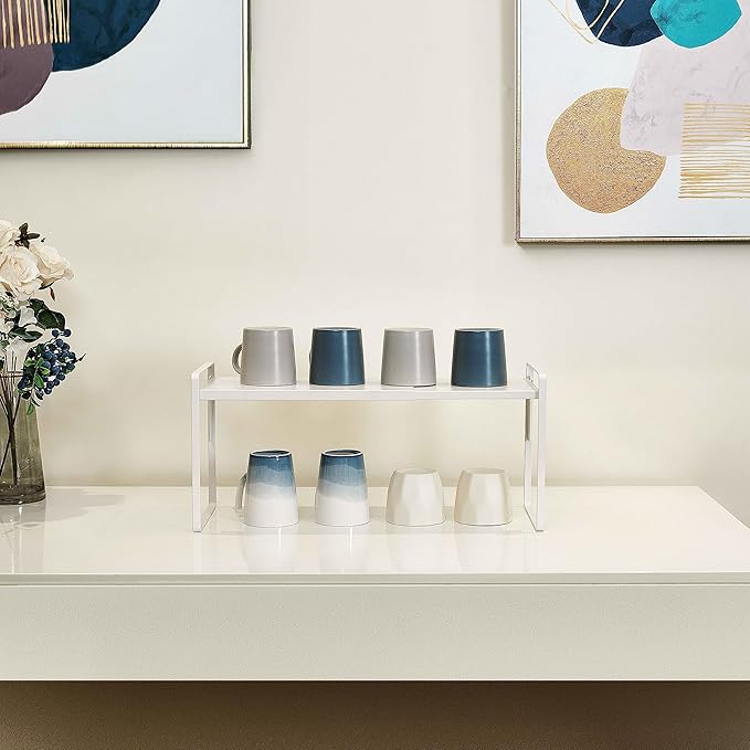 Nxconsu Cabinet Shelf Expandable Height Adjustable Organizer Riser for Kitchen Cabinet Pantry Cupboard Under Sink Countertop Organization Storage Space Saver Stackable Heavy Duty Metal White