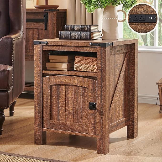 OKD Farmhouse Nightstand with Charging Station, 18" Rustic End Table with Adjustable Storage Shelf, Wood Rustic Wood Sofa Side Table for Bedroom