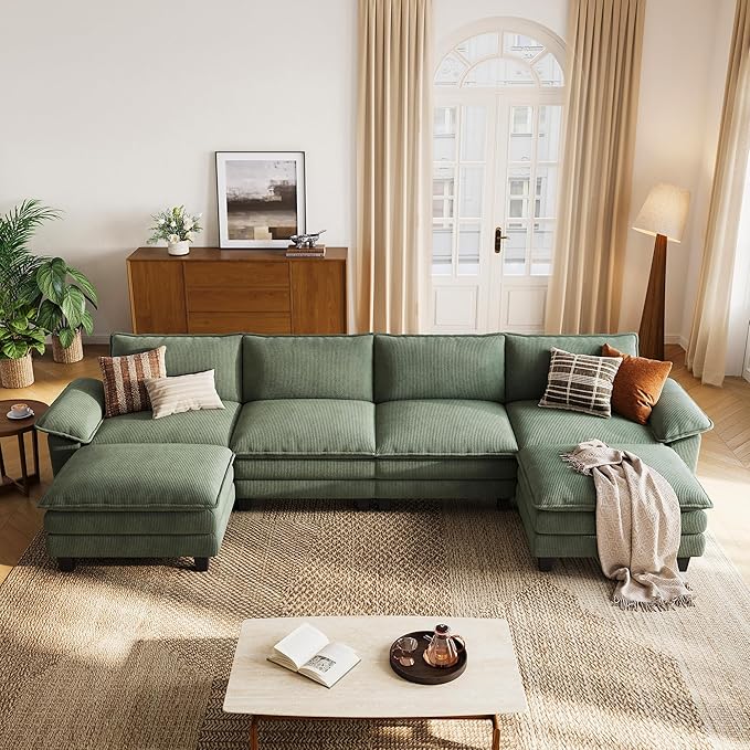 LINSY HOME Modular Sectional Sofa - 157'' Oversized Corduroy Cloud Couch U Shaped Couch with Movable Ottoman Soft Modern Comfy Sofa for Living Room Apartment Office, Green