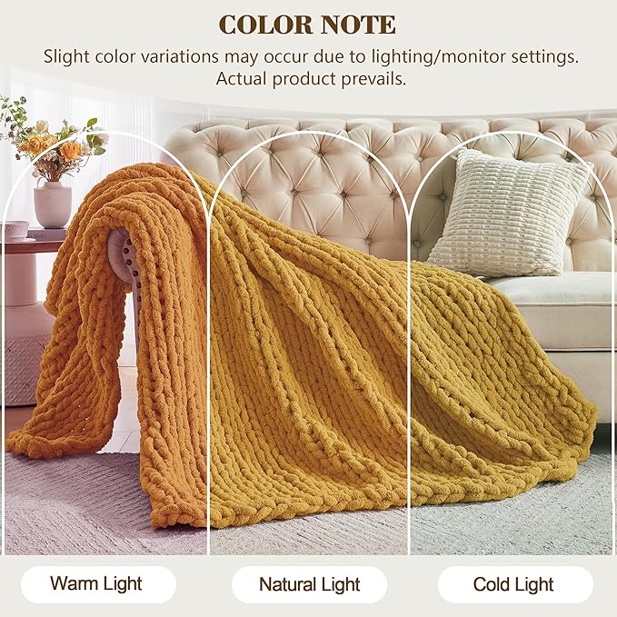 Carriediosa Chunky Knit Throw Blanket 60" X 80" Twin, 100% Hand Made Large Chenille Loop Yarn Soft Fluffy Throws for Couch Sofa Bed, Big Crochet Cozy Heavy Thick Cable Woven Blanket, Yellow