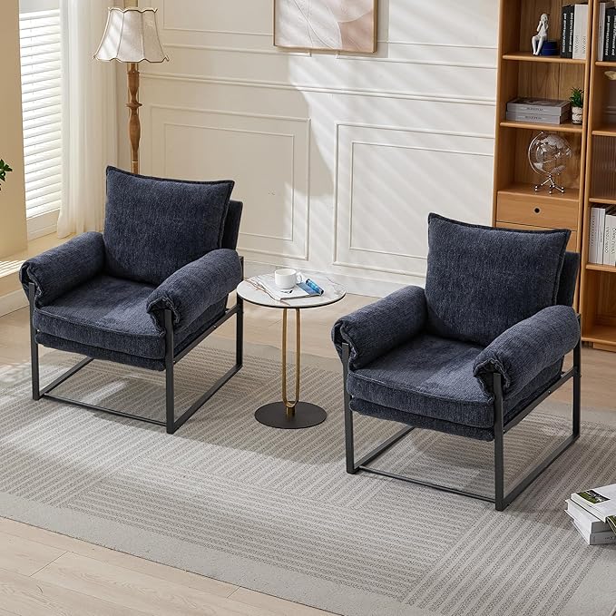 YISHENG Accent Chair with 6-Angle Adjustable Backrest, Chenille Fabric Living Room Chair Upholstered Lounge Chair, Modern Chair Cozy Reclining Chair for Reading Room, Set of 2 Dark Blue